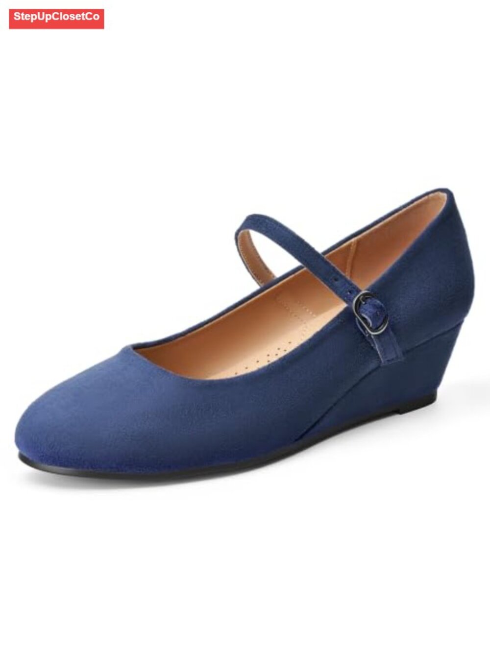 Wedge Heels Mary Jane Shoes Round Toe Dressy Pumps Faux Suede Adjustable